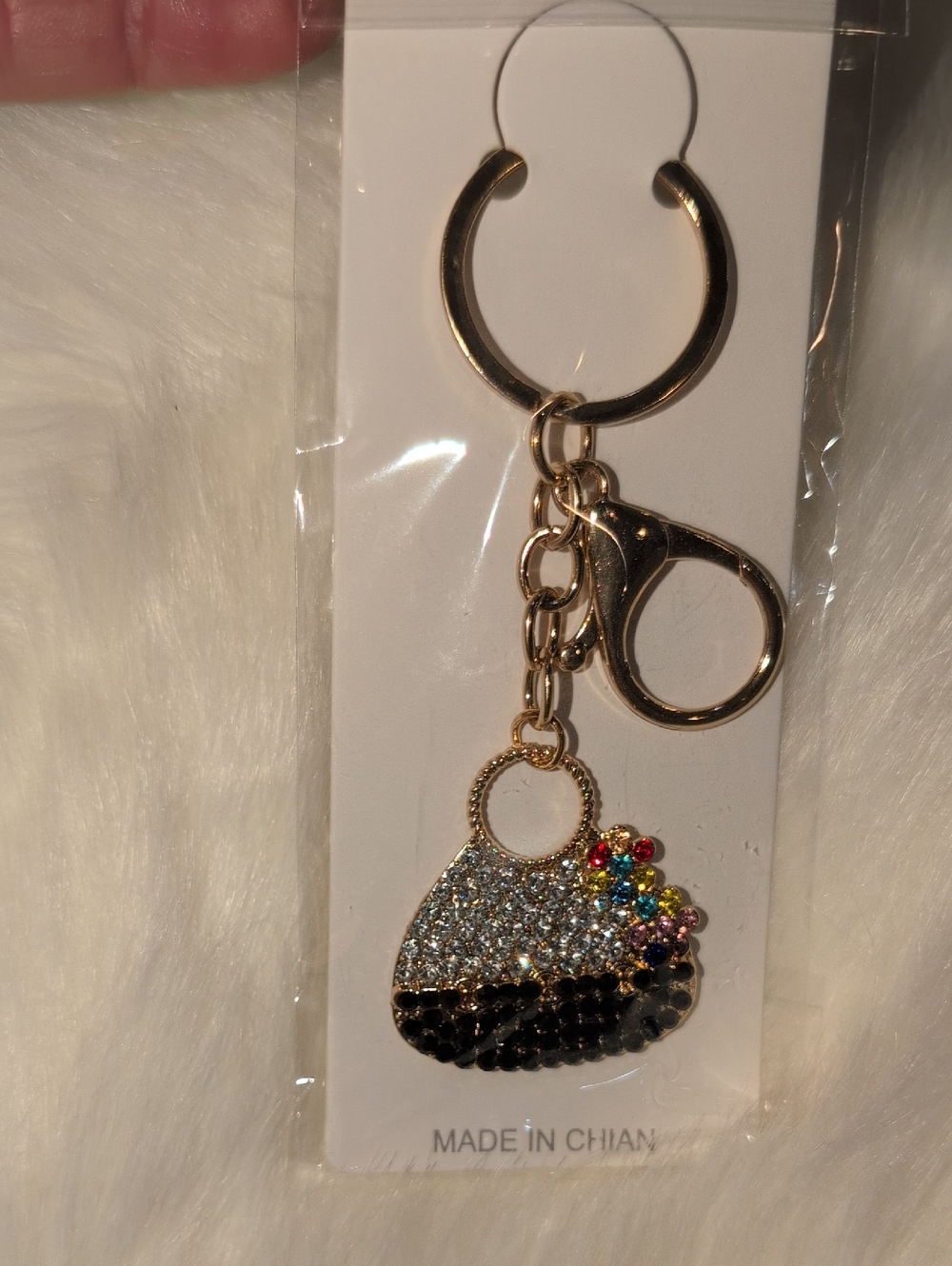 Ella Gold-Tone Crystal Handbag Key Chain- Black With Multicolor Accents